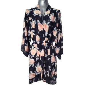 Adore Me Kimono Robe Navy & Pink Floral With Lace